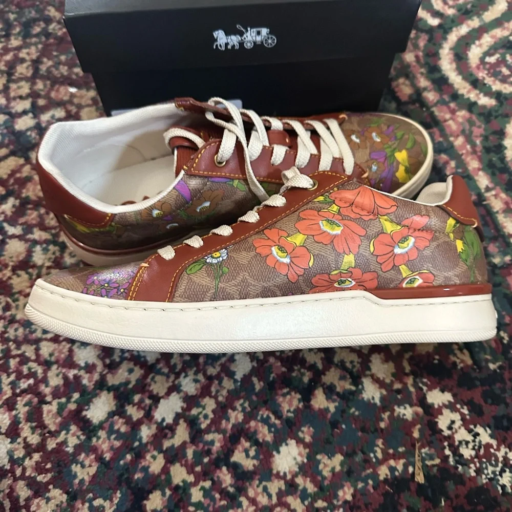 Coach women’s 9.5 B lowline Coated Canva Tan/Rust shoes sneakers floral with box - Picture 15 of 15